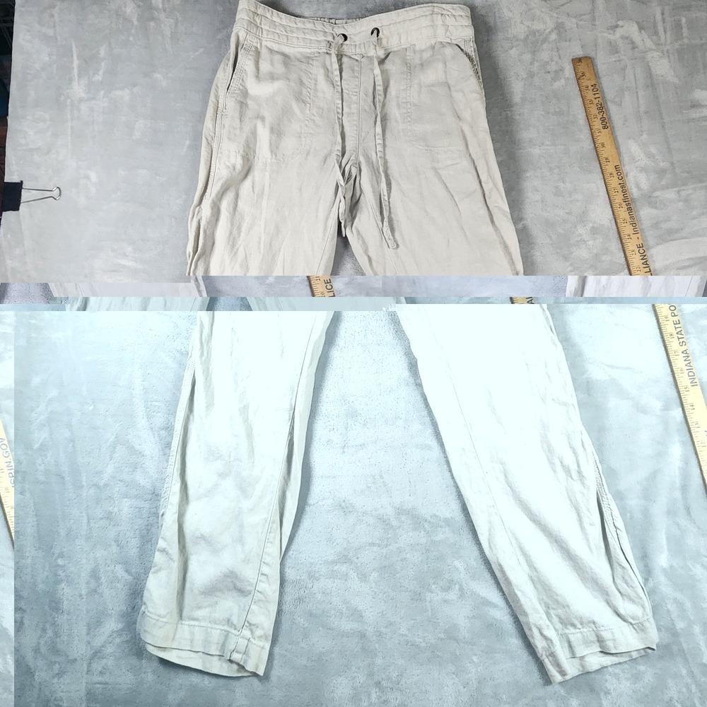 Per Se Linen Blend Wide Leg Pants L Beige Striped Drawstring Coastal Beach Casua